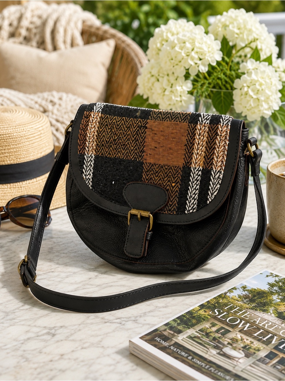 Cott N Curls Galore Satchel Plaid Crossbody Bag NWT Boho Leather Trim